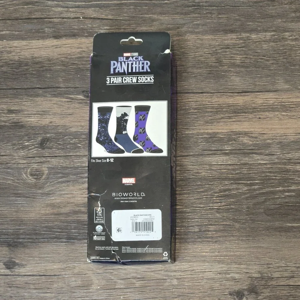 NIP Marvel Black Panther Crew Socks 3 Pack